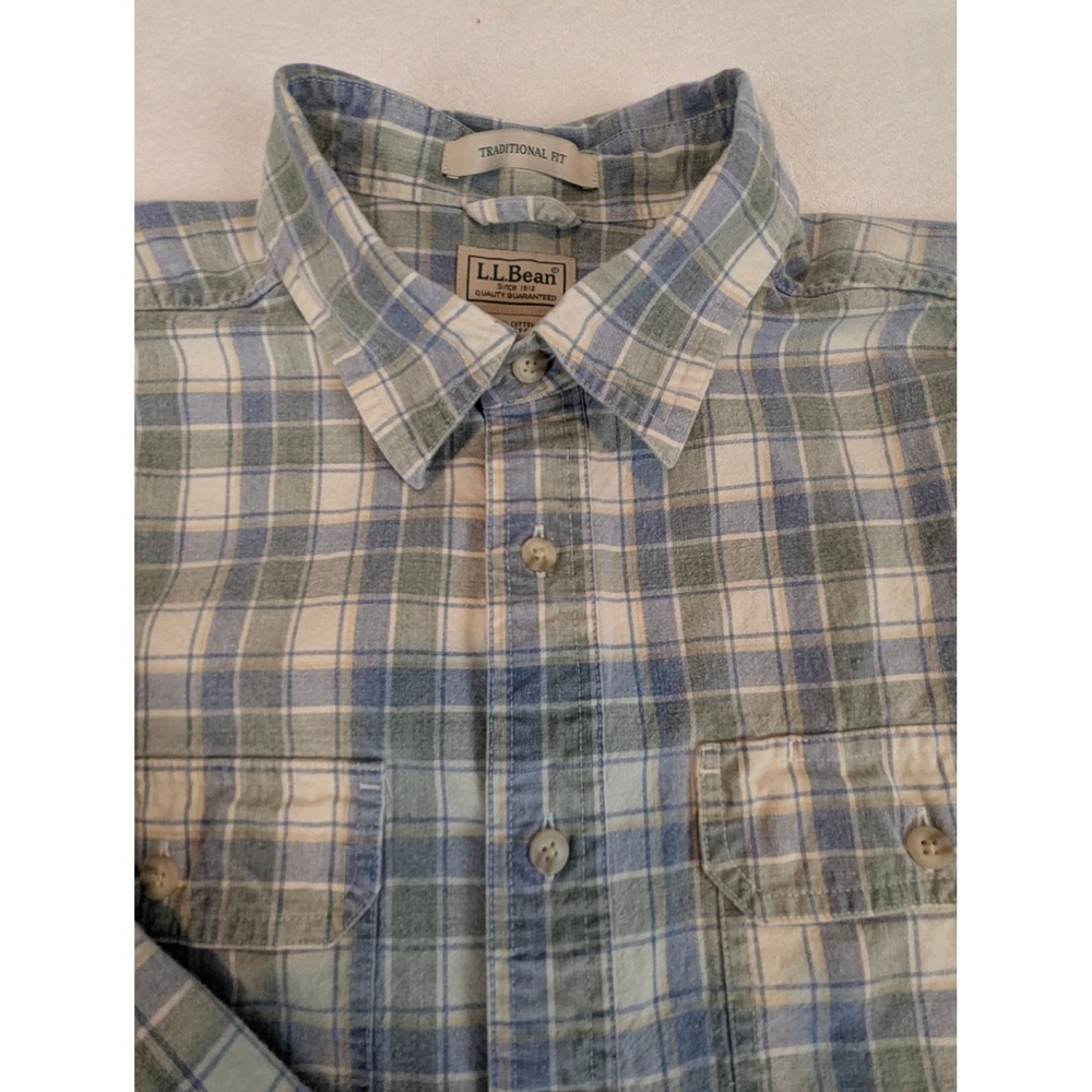 LL Bean Mens XL Brushed Scotch Traditional Plaid Button Down Shirt Blue Green - Picture 3 of 12
